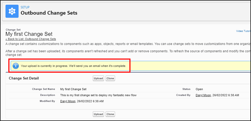 Deploying flows to production with Change Sets - change set upload is in progress for deployment to production