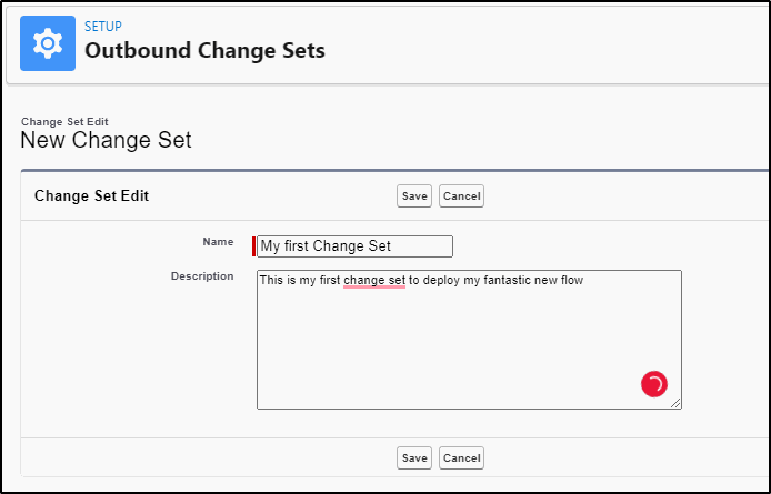 Deploying flows to production with Change Sets - add a description to the change set