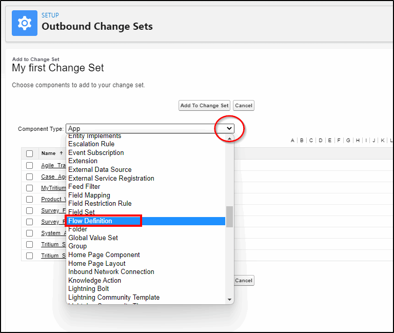 Deploying flows to production with Change Sets - select flow definition to add flows to the change set for deployment to production