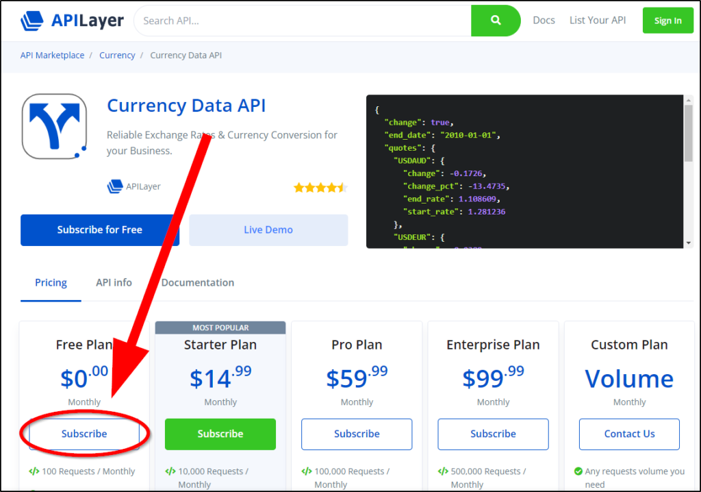 subscribe to currency data API